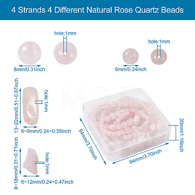Kissitty 4 Strands 4 Style Natural Rose Quartz Stone Bead Strands G-KS0001-11-1