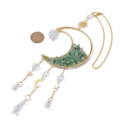 Wire Wrapped Natural Green Aventurine Chip & Brass Moon Pendant Decorations HJEW-JM01504-05-1