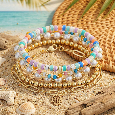 5Pcs 304 Stainless Steel & Handmade Heishi Polymer Clay/Glass Seed Bead/Plastic Bead Stretch Bracelet Sets AF7427-1-1