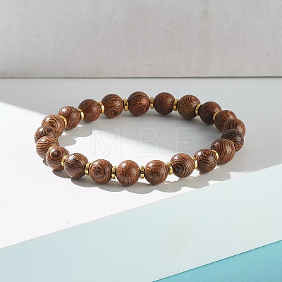 Natural Wood Round Beads Stretch Bracelet BJEW-JB07140-1