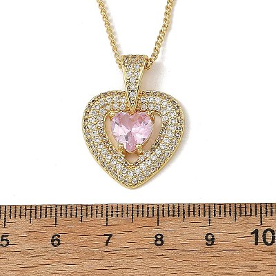 Brass Pave Pink Cubic Zirconia Heart Pendant Brass Curb Chain Necklace for Women NJEW-JN06484-02-1