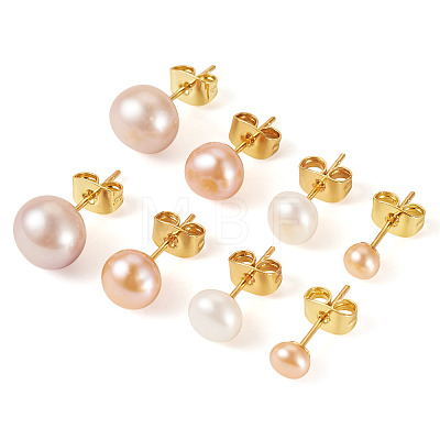 6Pcs 3 Colors Natural Cultured Freshwater Pearl Stud Earrings EJEW-TAC00026-1