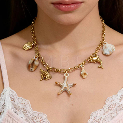 304 Stainless Steel Ocean Theme Shell Starfish Dolphin Multi Pendant Bib Necklace for Women Summer Beach Jewelry PT7319-1