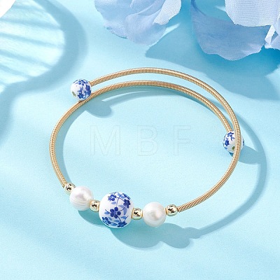 Handmade Porcelain & Natural Cultured Freshwater Pearl & Non-magnetic Synthetic Hematite Beaded Cuff Bangles for Women BJEW-JB14019-1