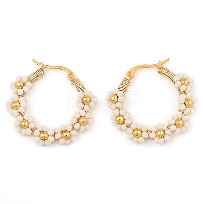 304 Stainless Steel & Bohemian Beaded Flower Hoop Earrings for Women EJEW-R001-02G-02-1