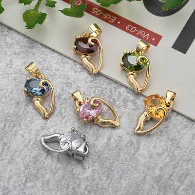 Brass Cubic Zirconia Kitten Pendants ZIRC-P016-M-1