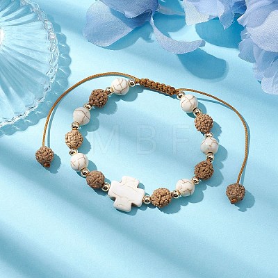 8mm Round Synthetic Magnesite & Rudraksha Braided Bead Bracelets BJEW-JB10346-1