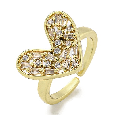 Heart Brass Micro Pave Cubic Zirconia Open Cuff Ring for Women RJEW-E296-05G-1