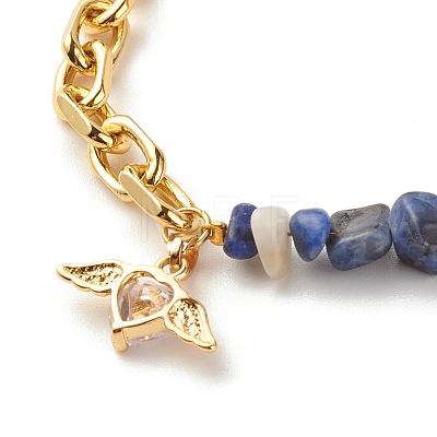Gemstone Chips Beaded Bracelet with Clear Cubic Zirconia Heart Angel Wing Charms BJEW-JB07527-1