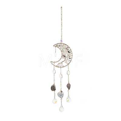 Natural Fluorite Chips Beaded Moon with Tree of Life Hanging Sun Catchers HJEW-M004-12-1