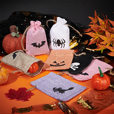 24Pcs 6 Colors  Halloween Burlap Packing Pouches Drawstring Bags ABAG-BC0001-49-1