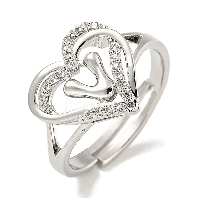 Heart with Letter Rack Plating Brass Micro Pave Clear Cubic Zirconia Adjustable Rings for Women RJEW-I105-01P-V-1