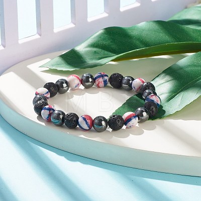 Natural Lava Rock & Synthetic Hematite & Ocean White Jade(Dyed) Round Beaded Stretch Bracelet BJEW-JB07972-01-1