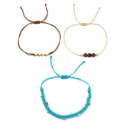 3Pcs 3 Styles Round Natural Tiger Eye & Glass Seed Beads Braided Bracelets & Stainless Steel Link Bracelets Set XI5712-2-1