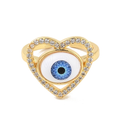 Cubic Zirconia Heart with Evil Eye Open Cuff Ring with Acrylic RJEW-B042-05G-04-1