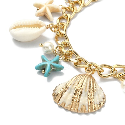 Natural Shell & Shell Pearl & Synthetic Turquoise Starfish Charm Bracelet BJEW-TA00352-1