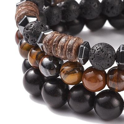 3Pcs 3 Style Natural & Synthetic Mixed Stone Stretch Bracelets Set with Wood Beaded for Women BJEW-JB08358-1