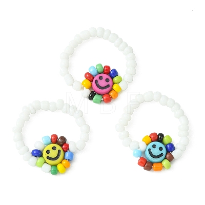 Flower with Smiling Face Acrylic & Glass Seed Stretch Ring for Women RJEW-TA00069-1