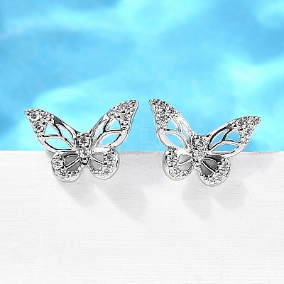 Butterfly Brass Micro Pave Cubic Zirconia Ear Studs EJEW-D304-34P-1