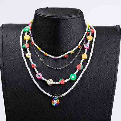 Beaded Necklaces & 304 Stainless Steel Satellite Chain Necklace Sets NJEW-JN03459-1