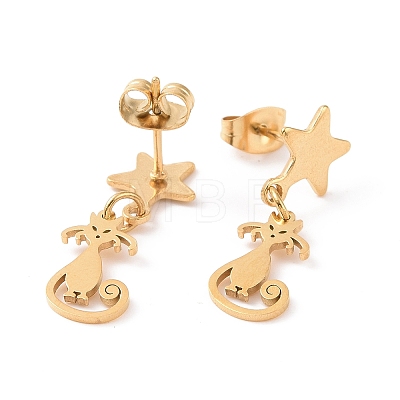 304 Stainless Steel Cat with Star Dangle Stud Earrings for Women EJEW-G328-10-1