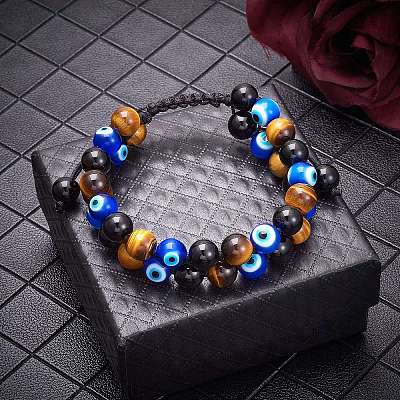 Natural Obsidian & Tiger Eye & Evil Eye Lampwork Braided Bead Bracelet BJEW-SW00001-20-1