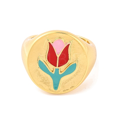 Round with Tulip Brass Enamel Open Cuff Rings RJEW-U009-05B-G-1