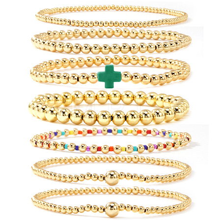 7Pcs Brass Round Beaded Bracelets for Women SB9067-1-1