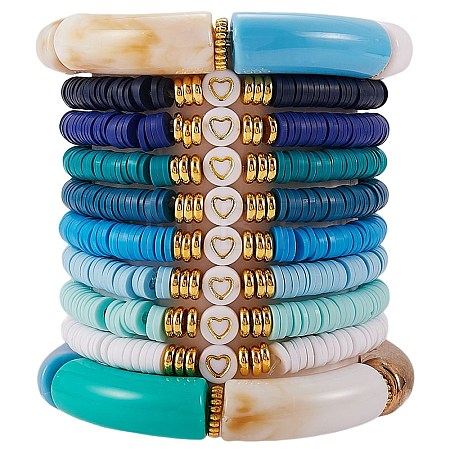 10Pcs 10 Style Handmade Polymer Clay Heishi Beaded Stretch Bracelets Set with Heart BJEW-SW00036-03-1