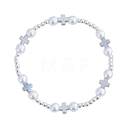 Religious Brass & Iron & Imitation Pearl Beads Stretch Bracelets for Women RY7339-2-1