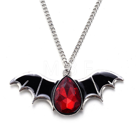 Halloween Themed Glass Bat Pendant Necklace with Enamel HAWE-PW0001-219B-1