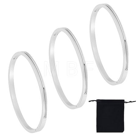3Pcs Egg Shaped 201 Stainless Steel Grooved Hinged Bangles STAS-UN0048-67-1