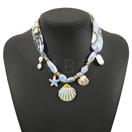 304 Stainless Steel Enamel Pendant Printed Cloth Scarf Necklaces for Women FS-WGDE682-01-1