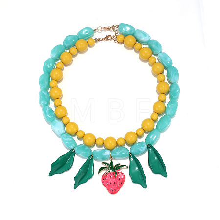 Alloy Enamel Resin Strawberry Leaf Pendant Double Layer Necklaces for Women WG96260-01-1