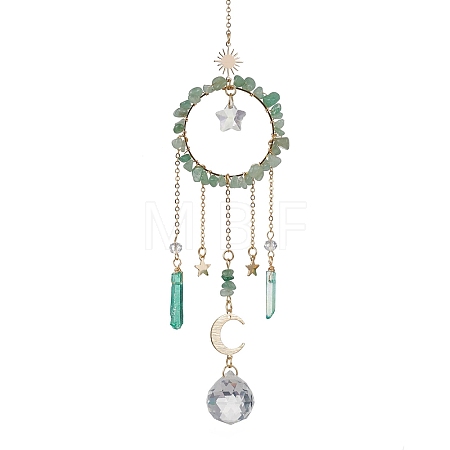 Natural Green Aventurine Chip Pendant Decorations with Brass Moon & Cable Chain & Electroplated Quartz Crystal Tassel HJEW-JM01650-01-1