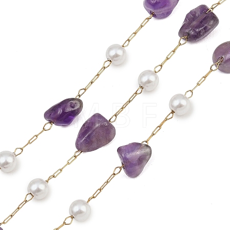 Natural Amethyst Nuggets & 316 Stainless Steel Handmade Link Chains CHS-K021-14G-08-1