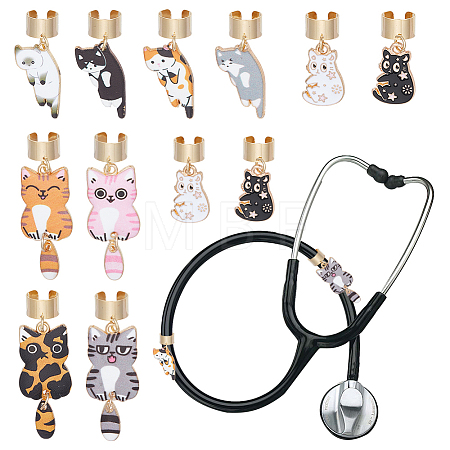 12Pcs 12 Styles Cat Alloy Enamel Stethoscope Pendant Decorations HJEW-OC00132-1