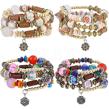 4Pcs 2 Colors Boho Multi-strand Irregular Synthetic Turquoise Beads Wrap Bracelet BJEW-PA0001-07-1