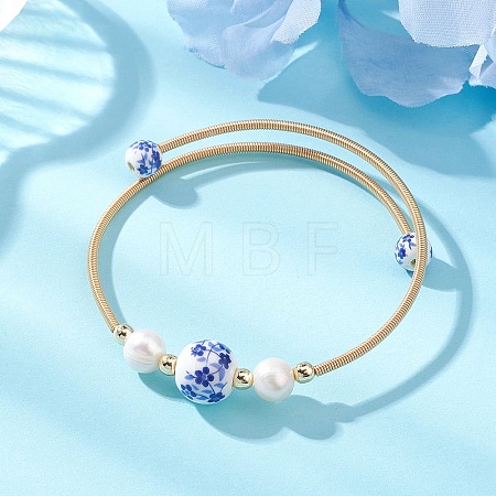 Handmade Porcelain & Natural Cultured Freshwater Pearl & Non-magnetic Synthetic Hematite Beaded Cuff Bangles for Women BJEW-JB14019-1