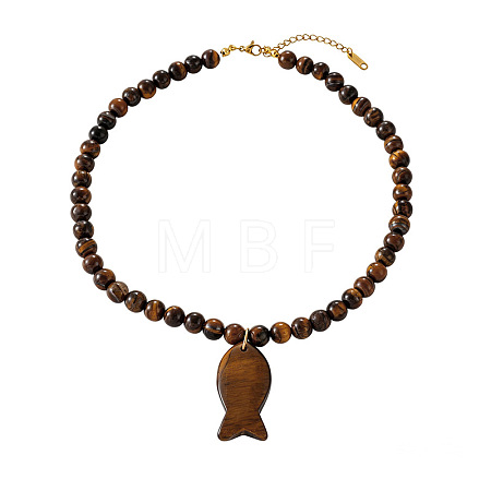 Ocean Natural Tiger Eye Fish Pendant Round Beaded Necklaces for Women WG65B2A-02-1