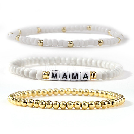 3Pcs Mother's Day Brass & Glass Seed Beads Stretch Bracelets SK3516-3-1