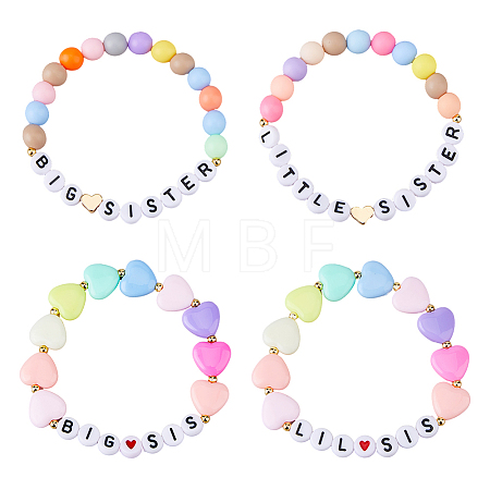 4Pcs 4 Styles Word Big Little Sis Acrylic Heart Beaded Stretch Bracelets Set BJEW-FI0001-54-1