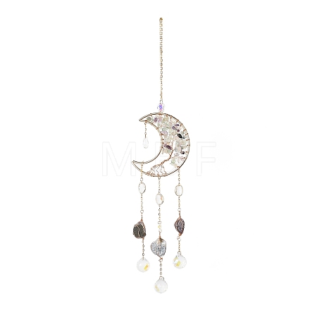 Natural Fluorite Chips Beaded Moon with Tree of Life Hanging Sun Catchers HJEW-M004-12-1