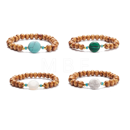 Natural Wood Stretch Bracelet with Gemstone Beads BJEW-JB08217-1