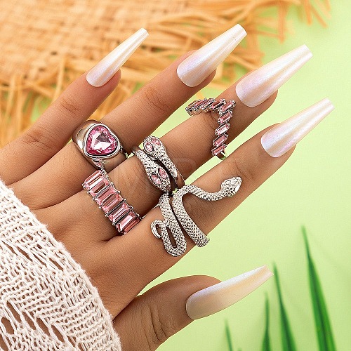 5Pcs 5 Style Snake & Heart & Rectangle Rhinestone Finger Rings Set AJEW-PW0005-09E-1