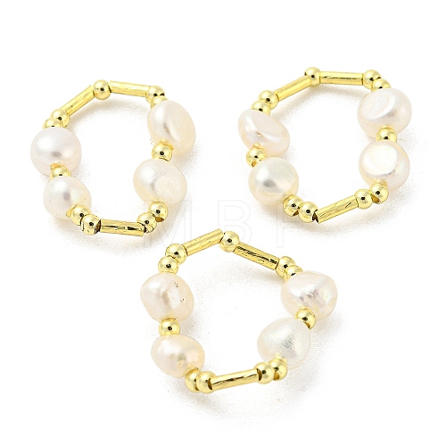 Brass & Natural Pearl Beaded Stretch Finger Ring RJEW-H220-44G-1