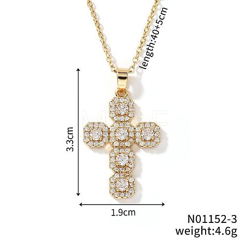 Brass Shiny Clear Cubic Zirconia Cross Pendant Necklaces Fashionable and Versatile NZ6047-3-1