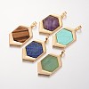 Hexagon Golden Tone Brass Gemstones Pendants G-O130-01-1