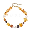 Natural Amber & Cultured Freshwater Pearl & Brass Beaded Bracelets for Women BJEW-JB13660-3
