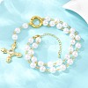 Brass Pave Clear Cubic Zirconia Cross Y Pendant Necklaces with ABS Imitation Pearl Handmade Link Chain NJEW-F364-06G-1